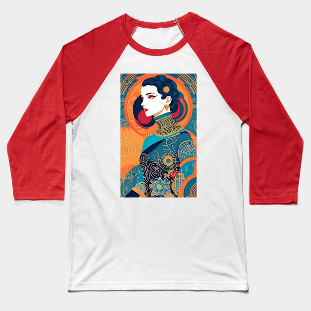 Art Deco Woman White Face with Circles Baseball T-Shirt by ArtBeatsGallery